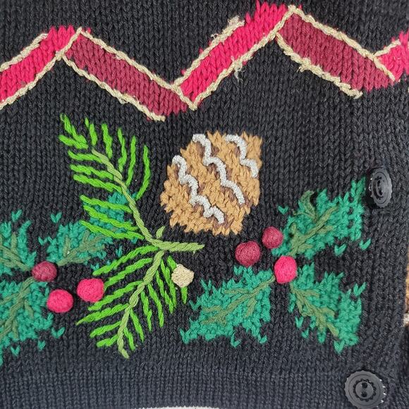 Design Options Jane Gordon VTG Christmas Cardigan Sweater XL Black Pinecones - Picture 5 of 12